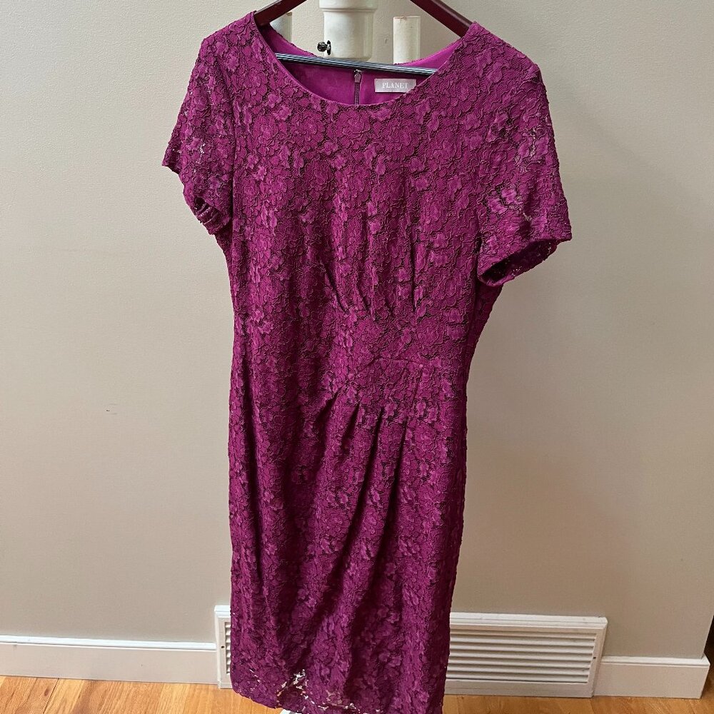 PLANET Womens 12 LACE Plum Purple Lined Party DRESS w zip, short cap sleeve